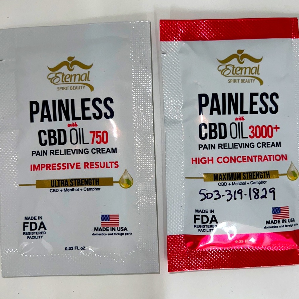 Sample painless creams, ultra strength oil 750 and oils 3000 maximum strength